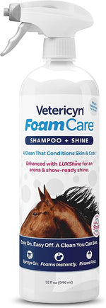 Medicated horse shampoo foaming spray application details for itchy skin care.