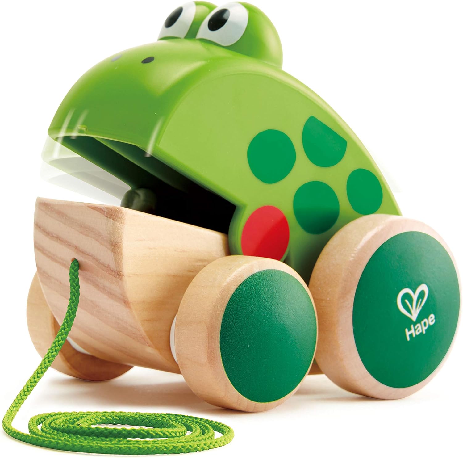 Hape Frog Pull Along wooden toddler toy front view showing bright green speckled design