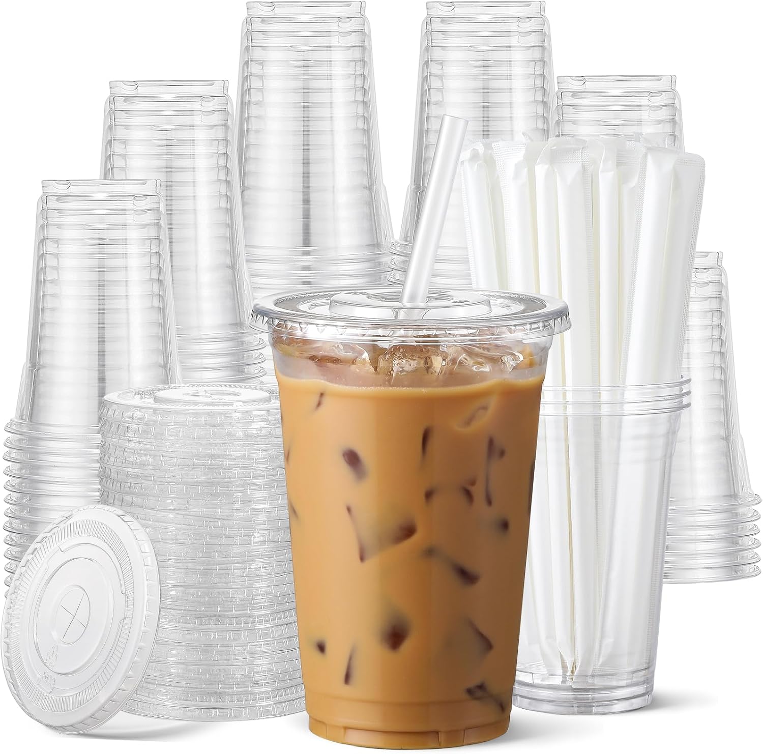 Aozita 100 Pack 16 Fluid Ounce Clear Plastic Cups With Lids And Straws front view
