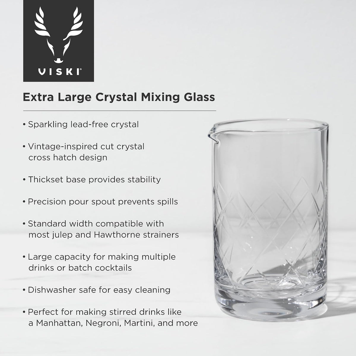 Viski 26-ounce mixing beaker displayed on a modern home bar cart.