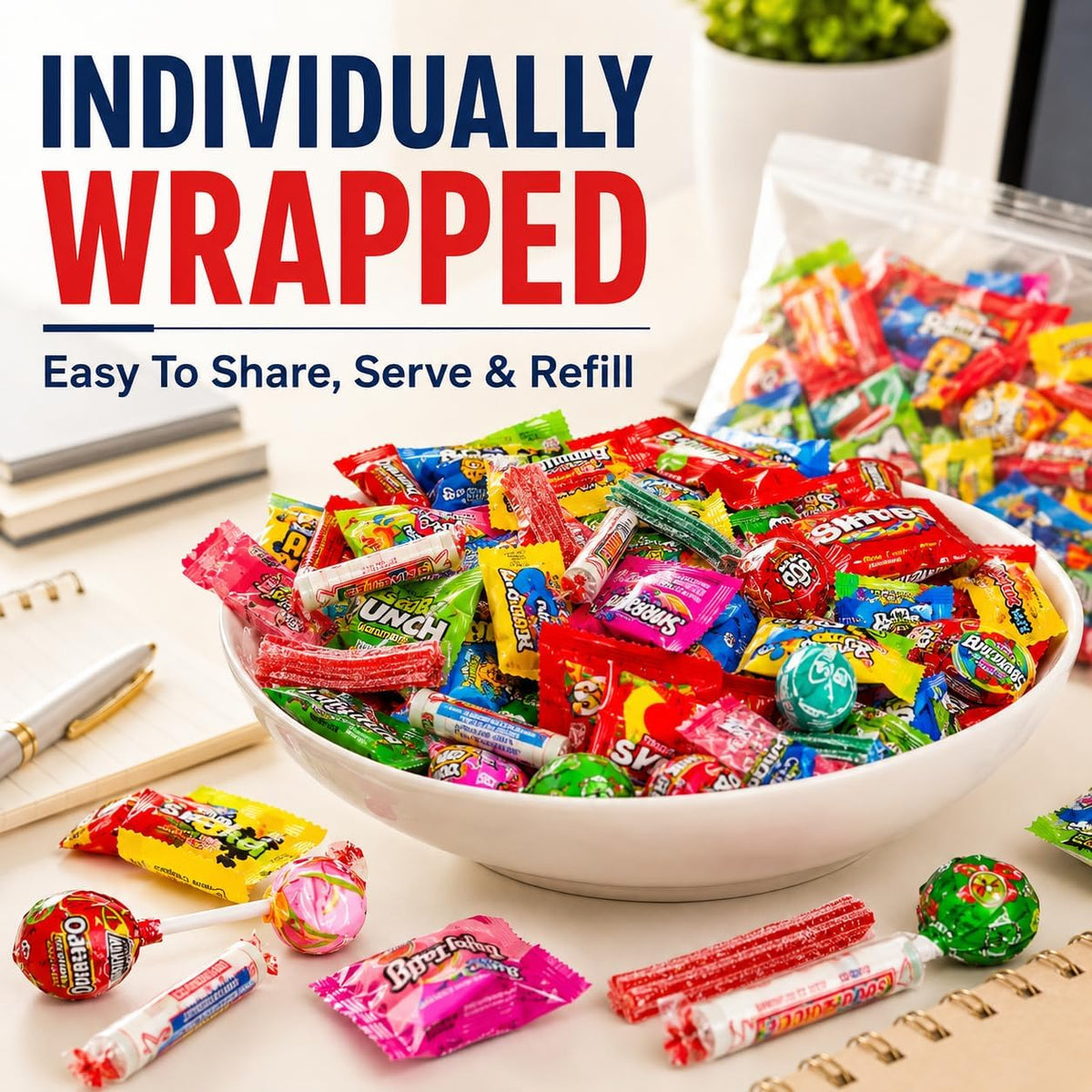 Hand holding a selection of individually wrapped fruit candies from the bulk bag