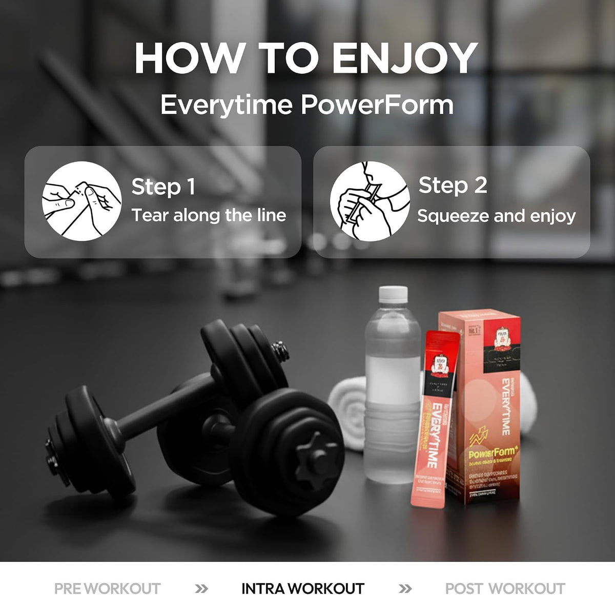 Jung Kwan Jang Everytime PowerForm liquid packets for sustained workout energy support.