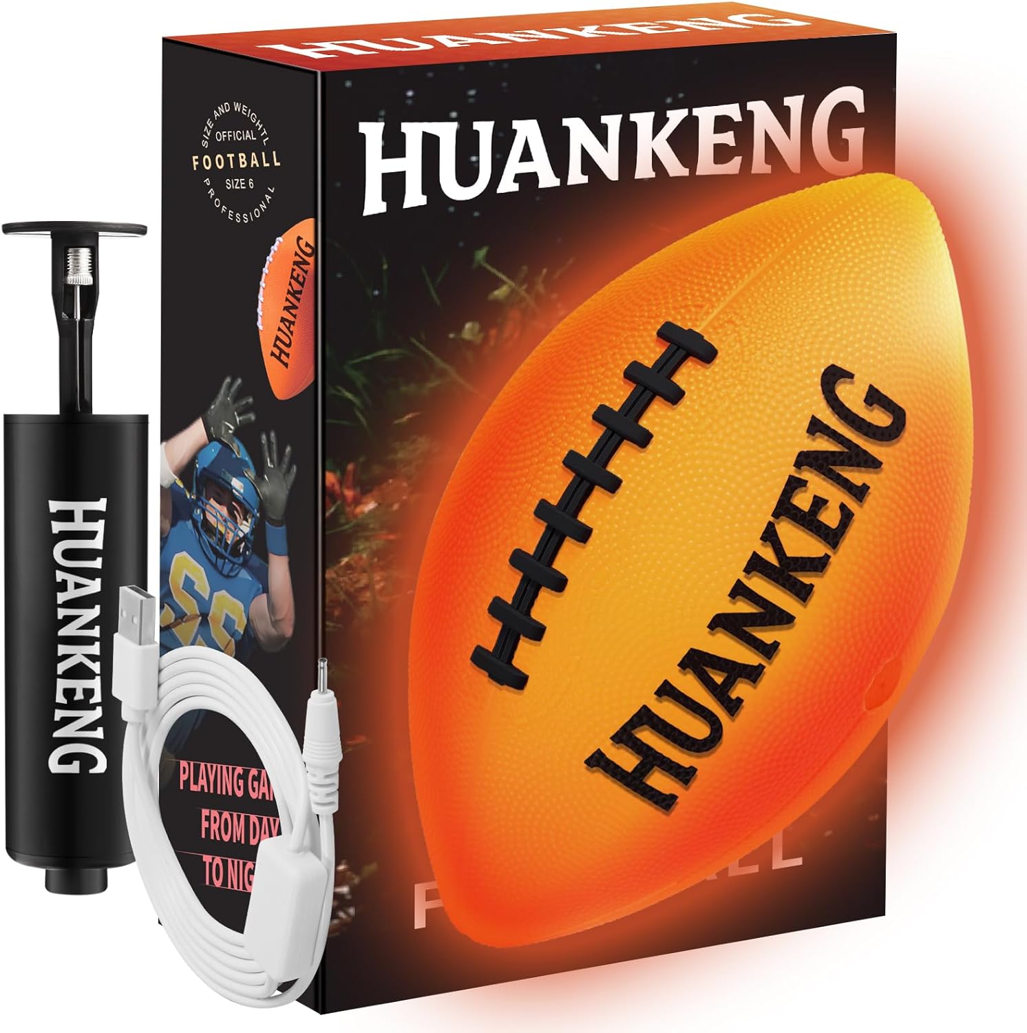 HuanKeng rechargeable glow in the dark football front view illuminated at night.