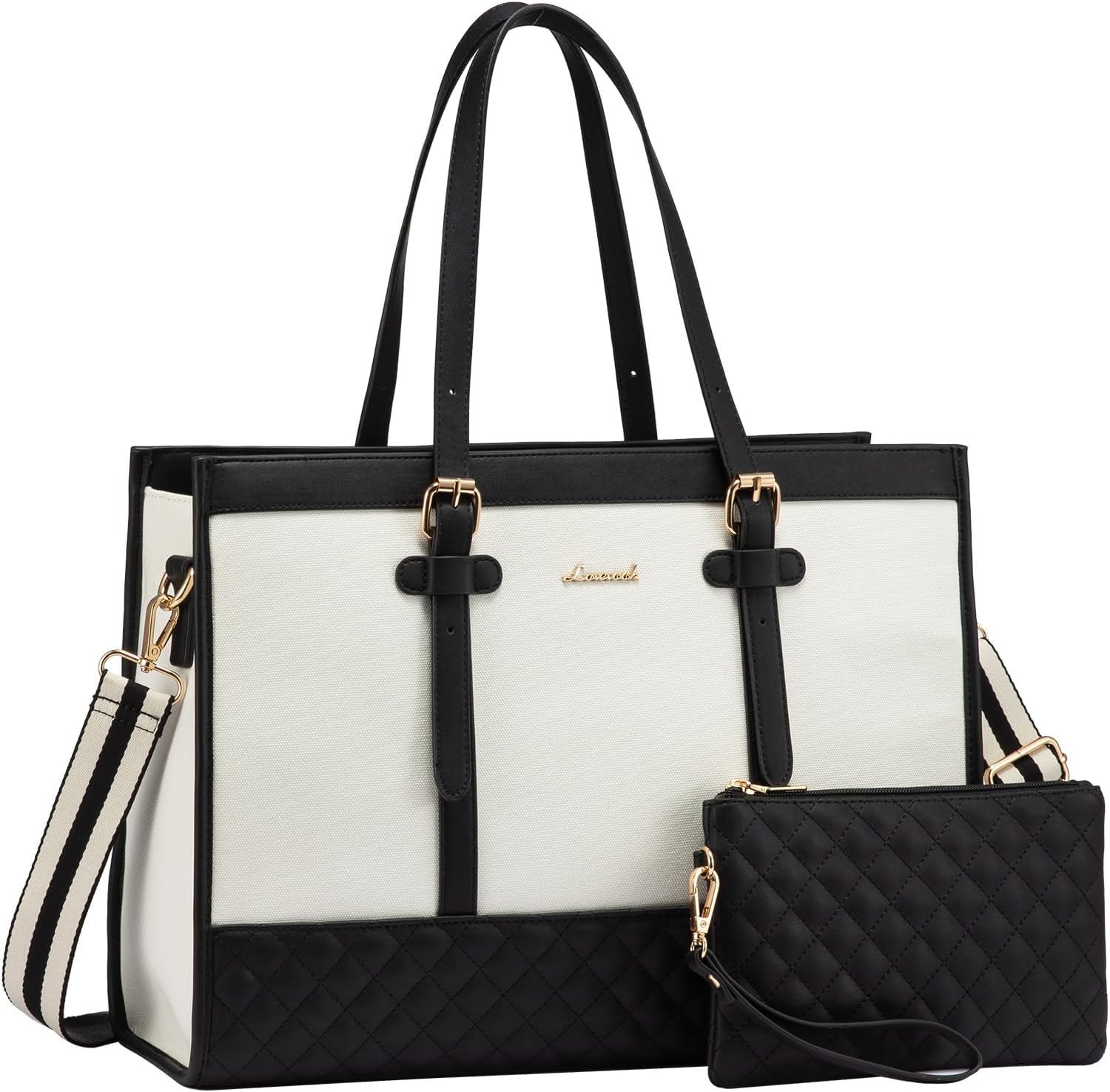 LOVEVOOK Canvas Laptop Tote Bag front view showing premium black and white color block design with leather handles.