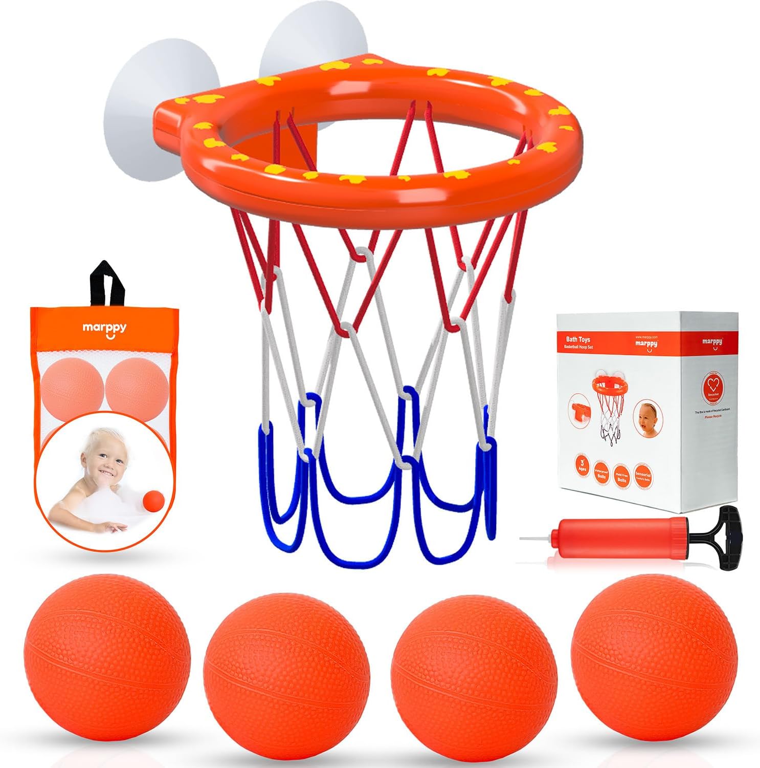 Marppy bathtub basketball hoop set with 4 soft balls