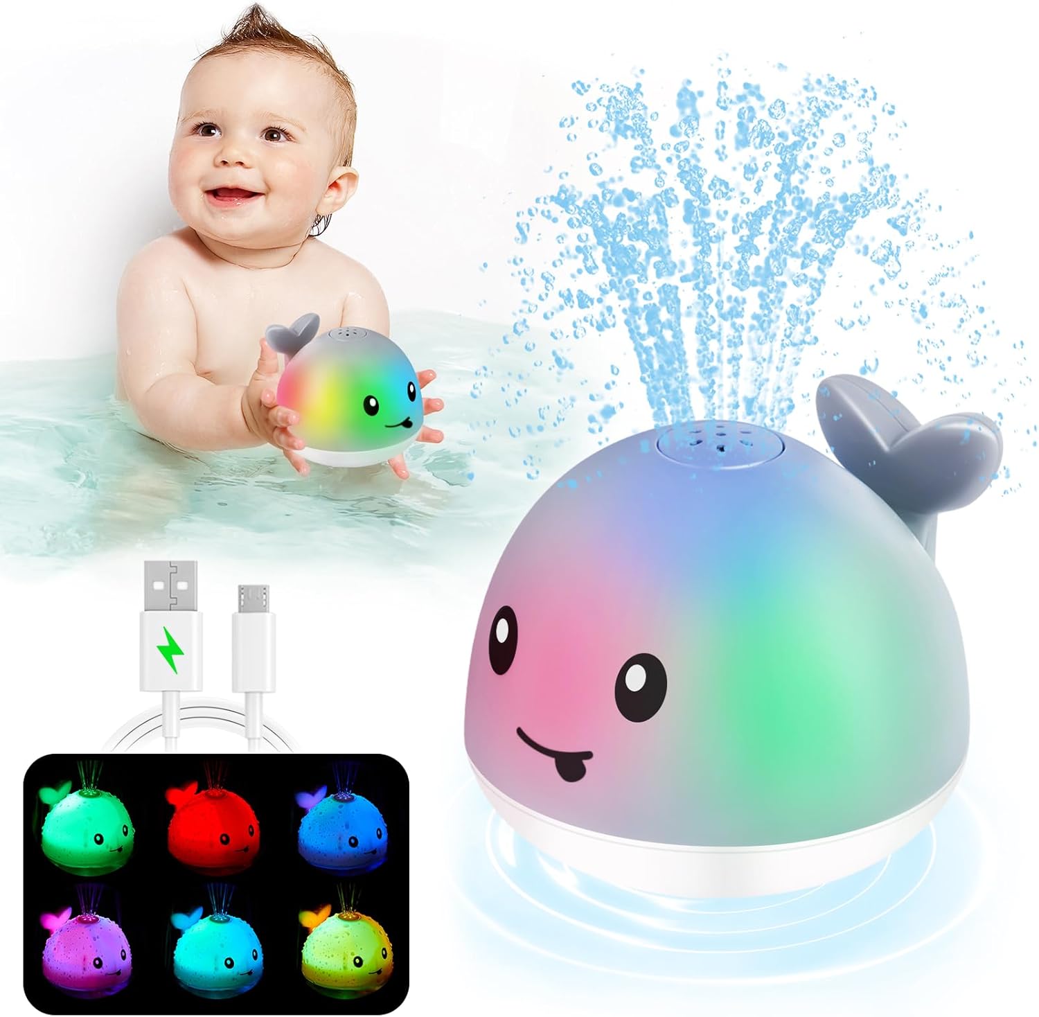 Anggiko rechargeable light up whale bath toy front view