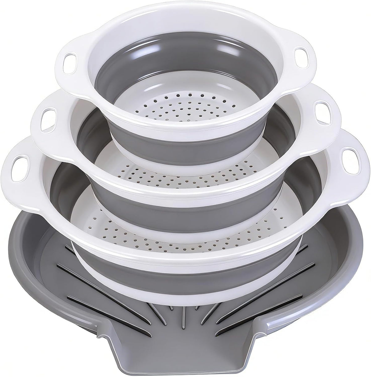 Cluren collapsible colander set front view showcasing the gray-white color scheme and 3-pack strainers.