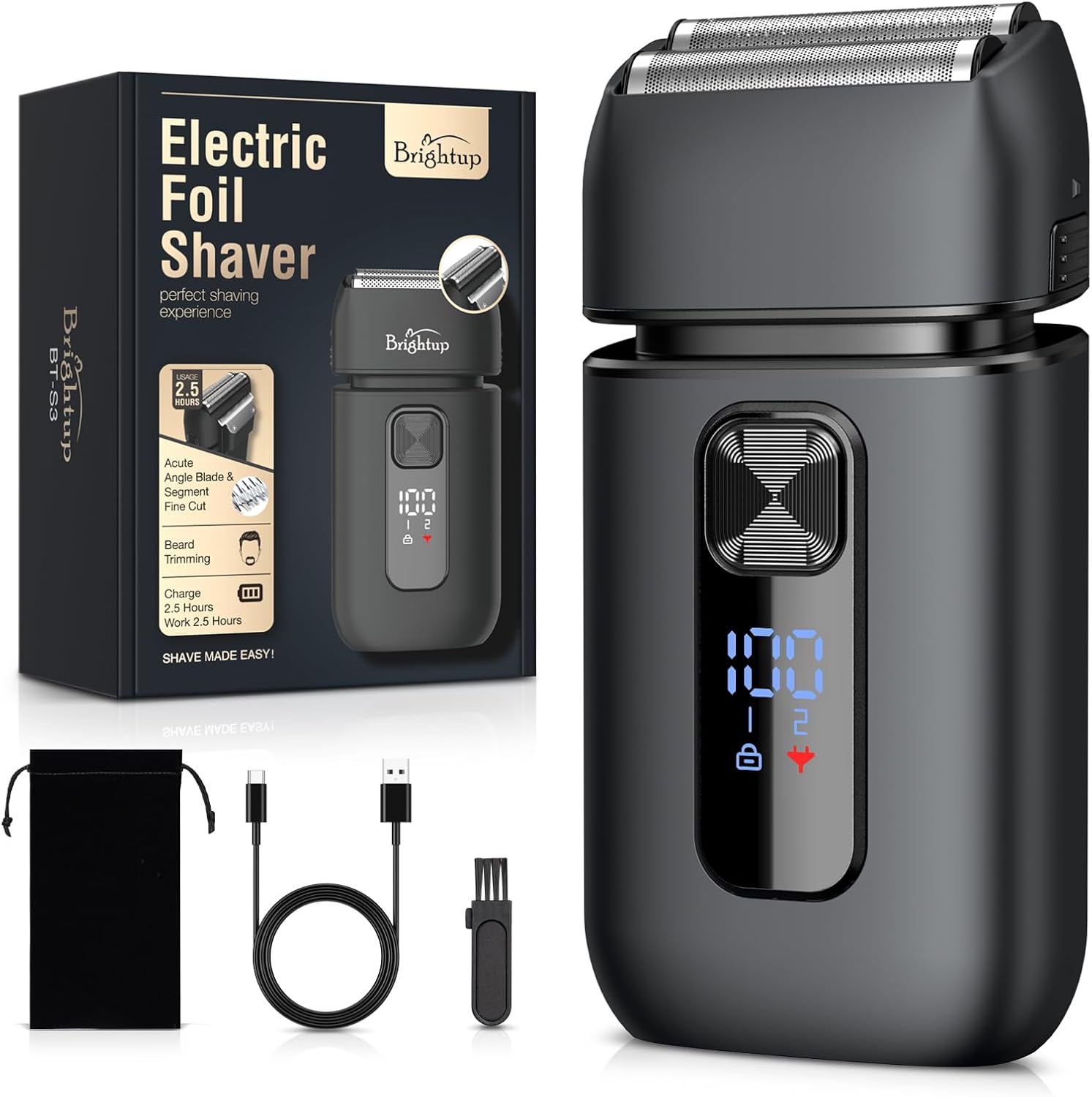 Brightup electric foil shaver for men front view showing LED display