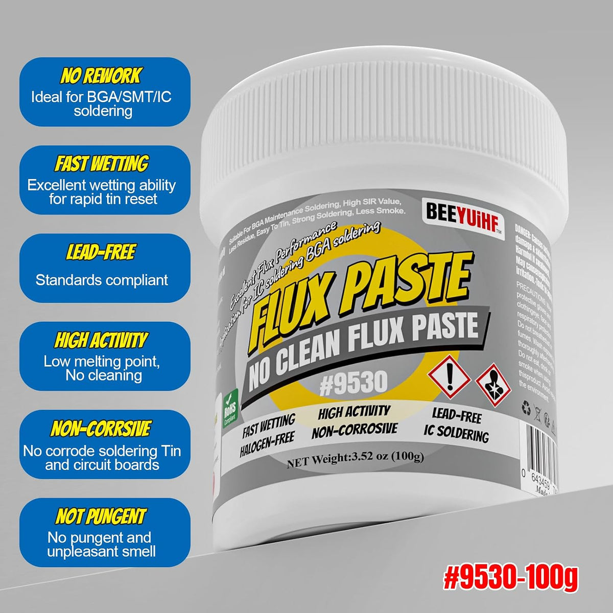 BEEYUIHF flux paste demonstrating low residue and clean solder joint
