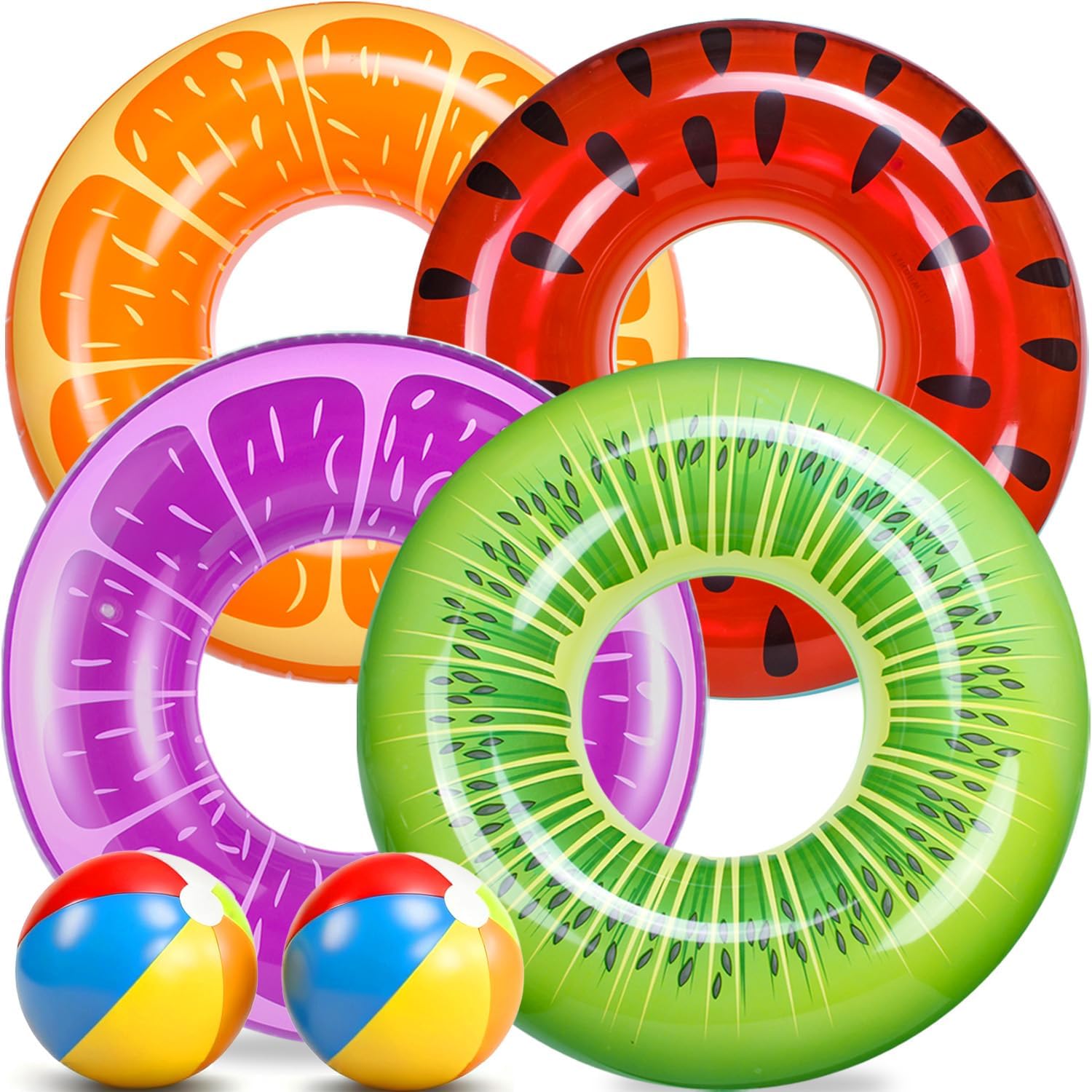 FindUWill 6 piece fruit themed inflatable pool float set front view