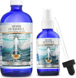 Silver Holistics Colloidal Silver Liquid Bundle front view showcasing the glass refill bottle and spray adapter.