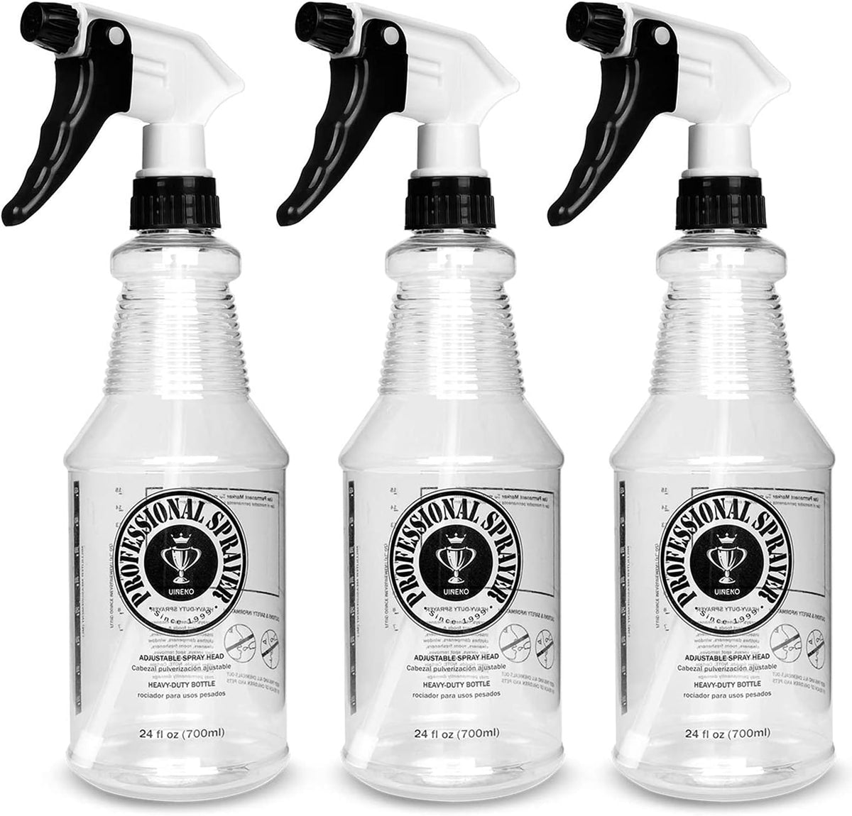 Uineko heavy duty plastic spray bottle three pack front view for household cleaning solutions