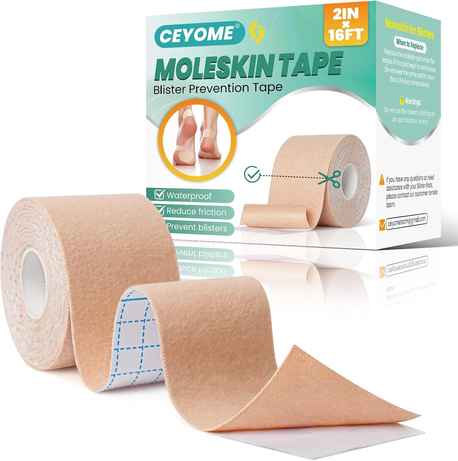Moleskin Tape - 2in x 16ft - Blister Prevention Tape Mole Skin Padding for Running, Hiking, Walking, Moleskin for Blister Pads for Feet & Heel Protection- Single Roll - Image 1