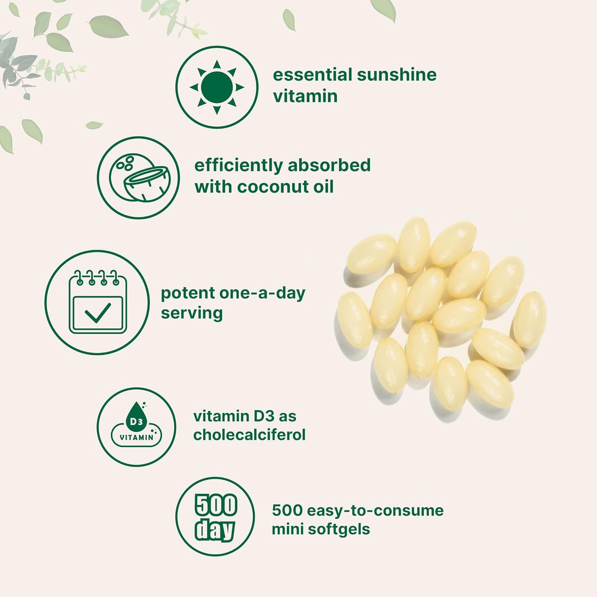 Close up view of easy to swallow virgin coconut oil softgels