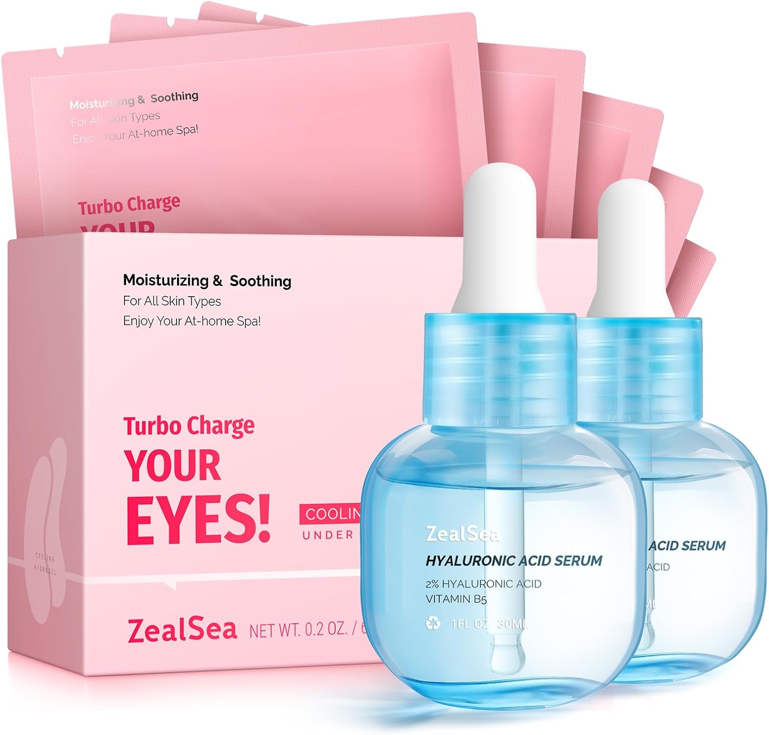ZealSea Eye Patches and Hyaluronic Acid Serum Bundle front view showing packaging for under eye hydration skincare.