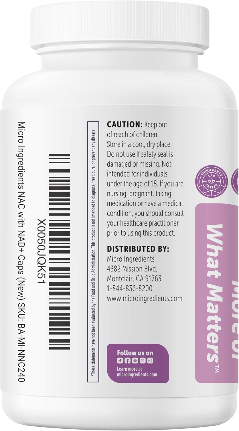 Micro Ingredients NAC with NAD+ 1,000 mg Per Serving, 240 Vegetarian Capsules | 2-in-1 N-Acetyl-L-Cysteine with Nicotinamide Adenine Dinucleotide | Non-GMO, Gluten Free - Image 9