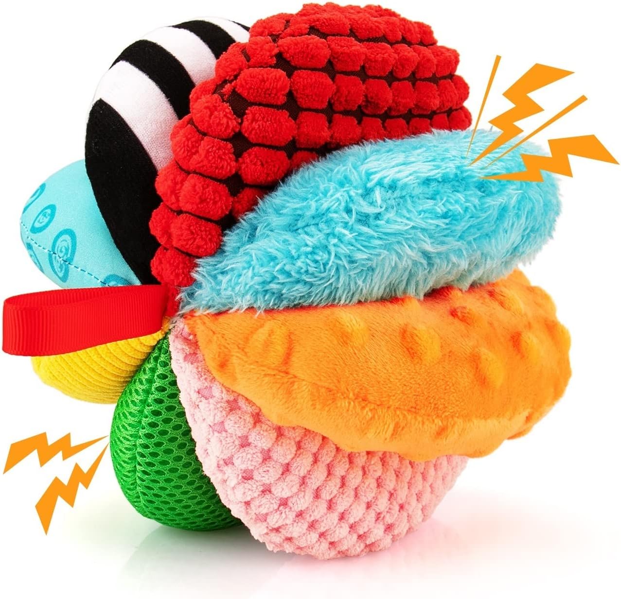 Teytoy 8-in-1 sensory ball front view showing colorful fabric textures for infant development.