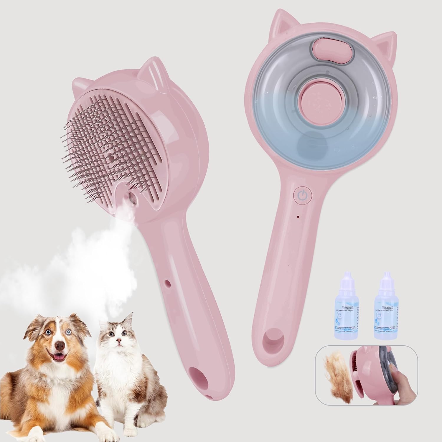 LetsFeed 3-in-1 pet steam brush in pink front view