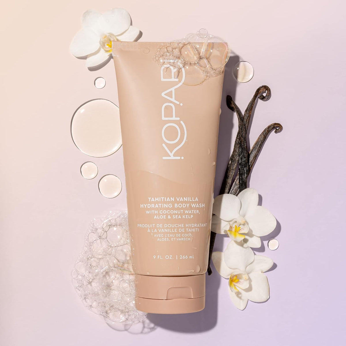 Kopari Tahitian Vanilla Hydrating Body Wash cap and flip-top opening