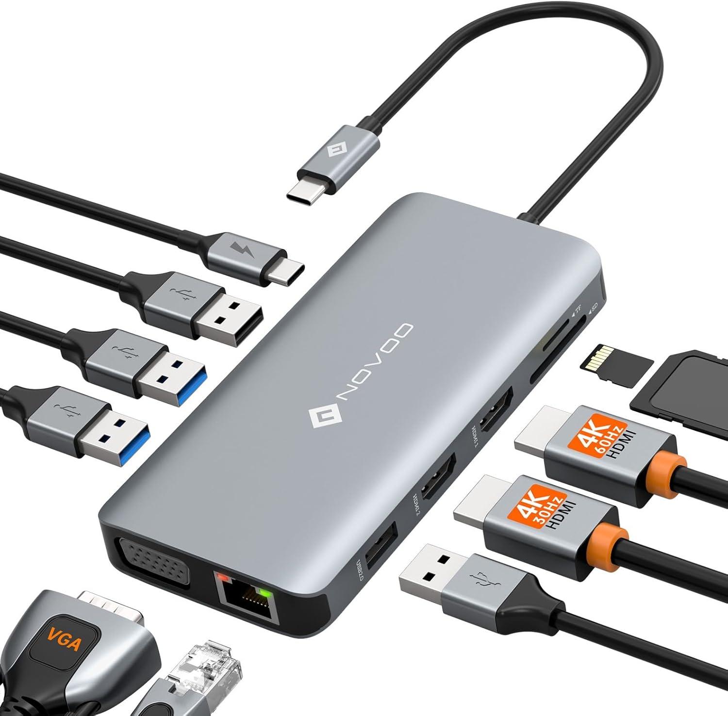 NOVOO 11 in 1 USB C docking station showing front view with dual HDMI ports