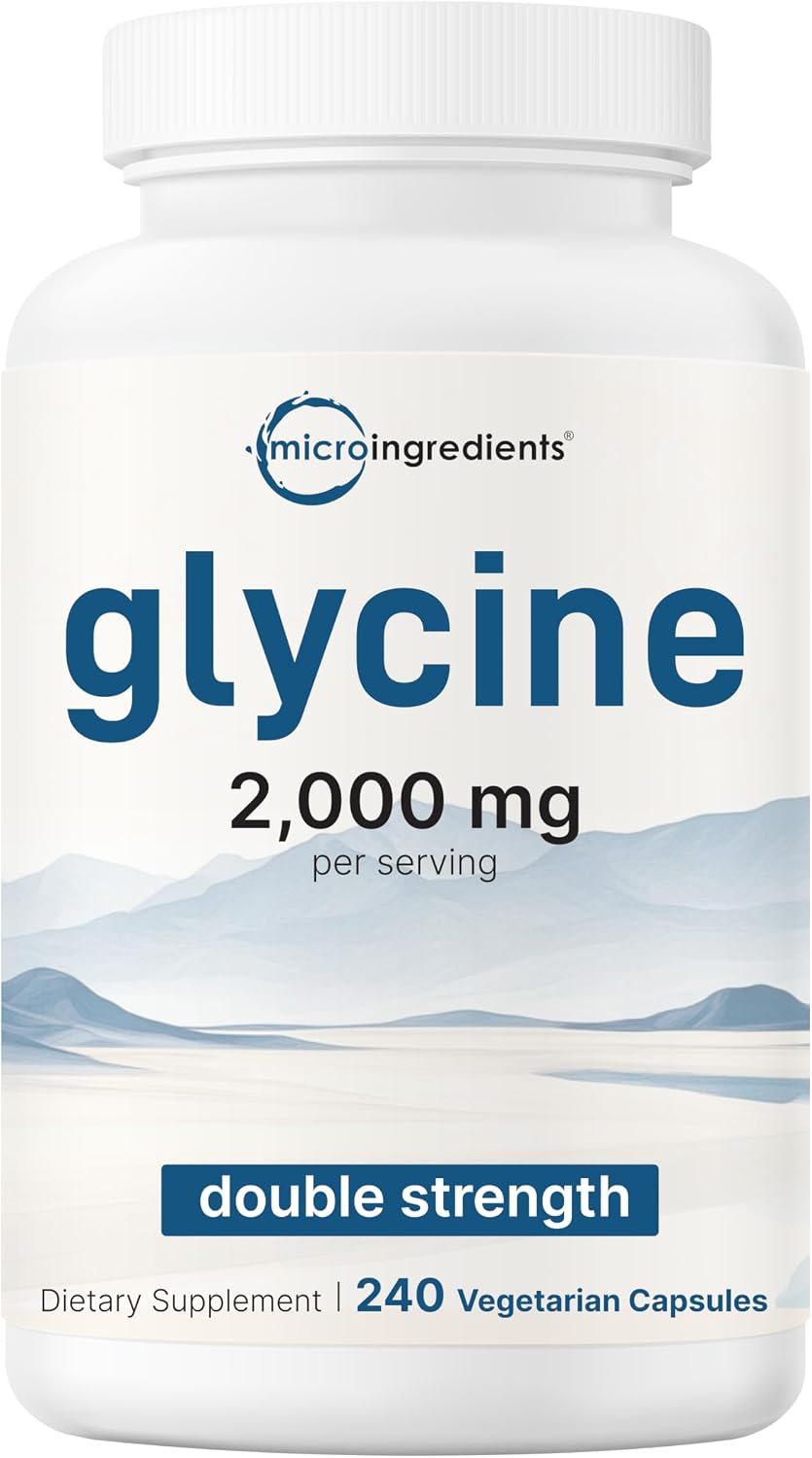 Micro Ingredients glycine bottle front view featuring scenic mountain graphic and 2,000 mg label text.
