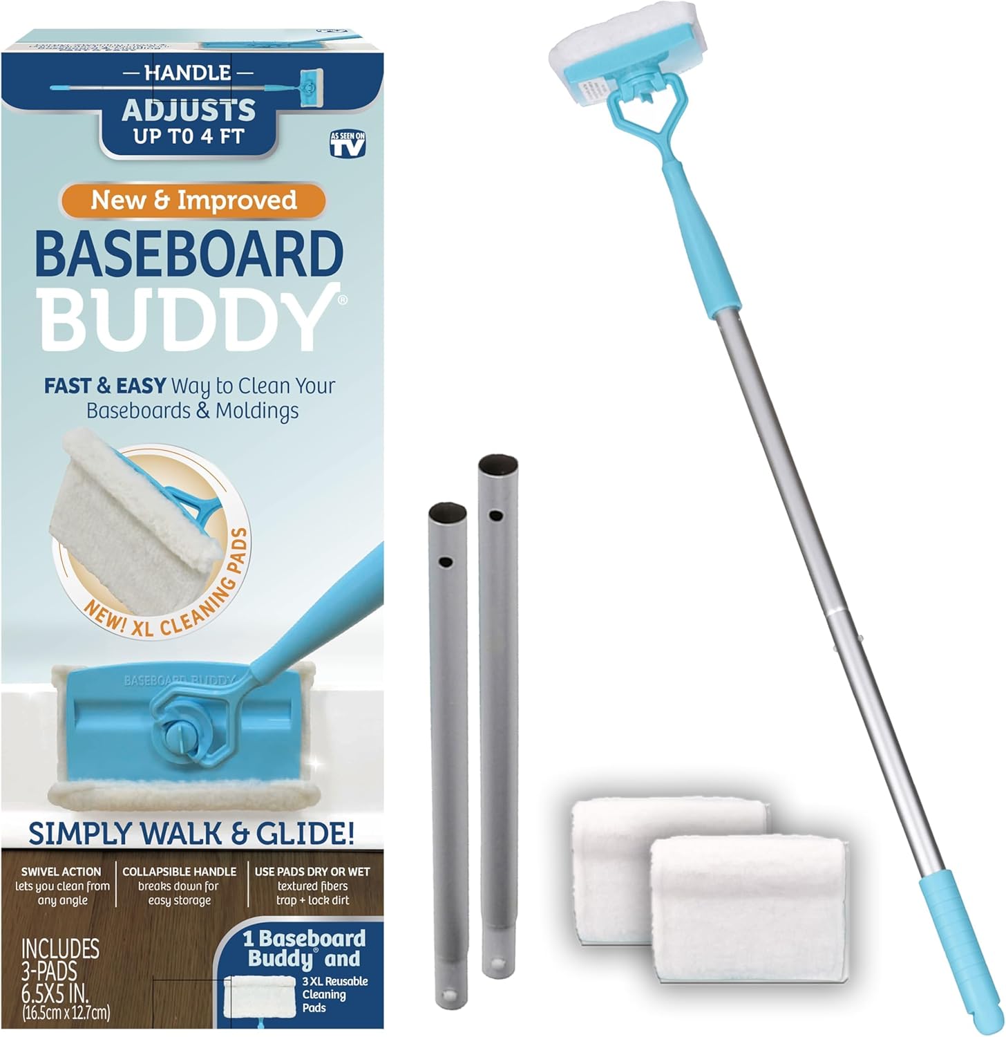 Baseboard Buddy extendable microfiber duster front view showing the blue and white swivel head attached to the aluminum handle.