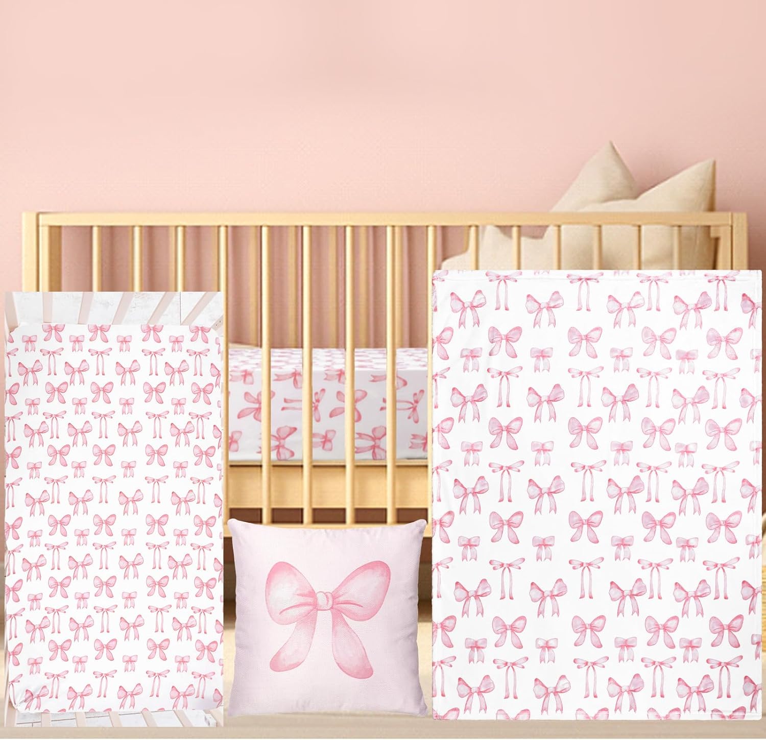 HunnmingRe baby pink bow crib bedding set front view showcasing the complete three piece infant nursery layout.