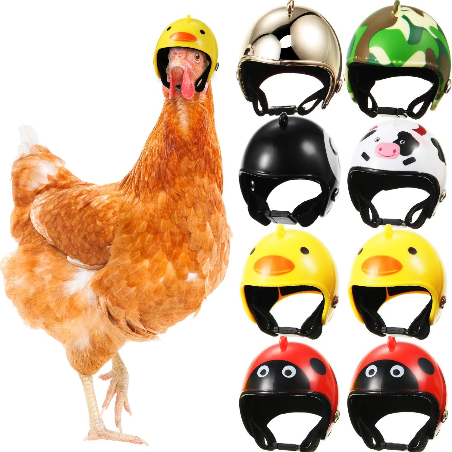 Skylety 8 Pieces Chicken Helmet front view showing camouflage pet safety hard hat costume.