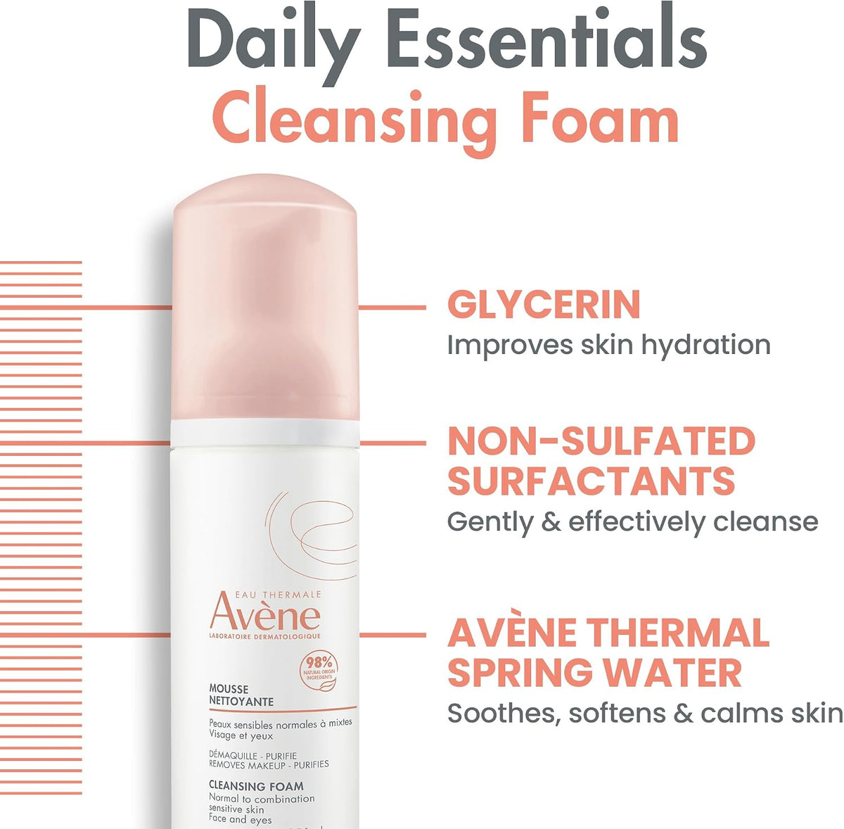 Avene Cleansing Foam back label with ingredients