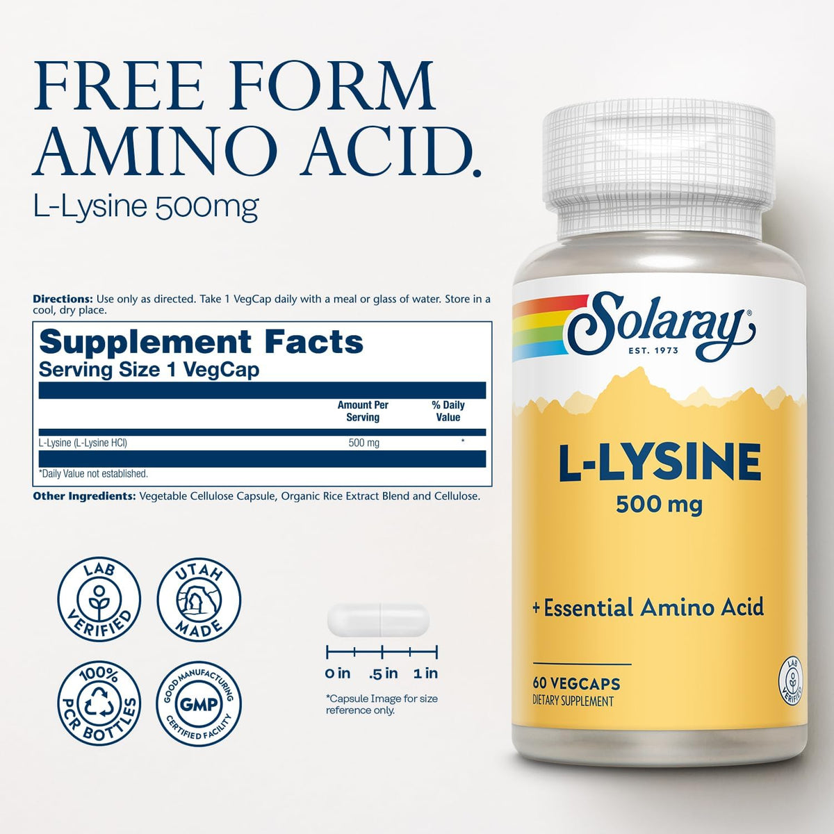 Solaray L-Lysine essential amino acid supplement label details