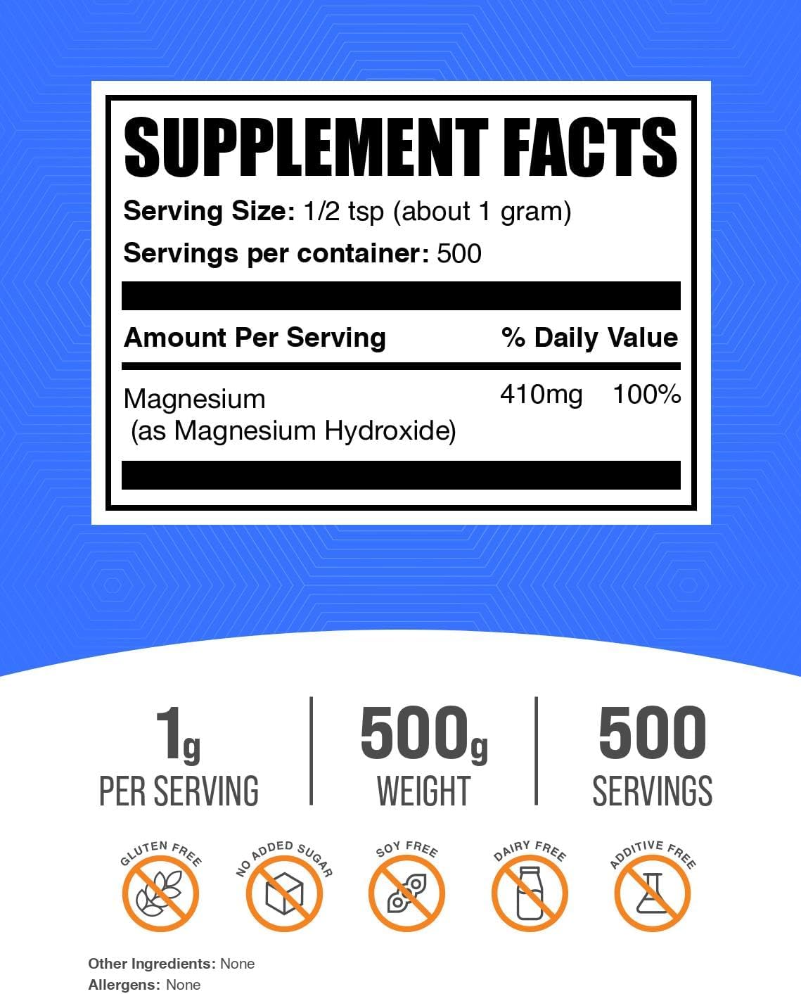 BulkSupplements.com Magnesium Hydroxide Powder - Magnesium Hydroxide Supplement - Food Grade & Gluten Free, 1g per Serving, 500g (1.1 lbs) (Pack of 1) - Image 2