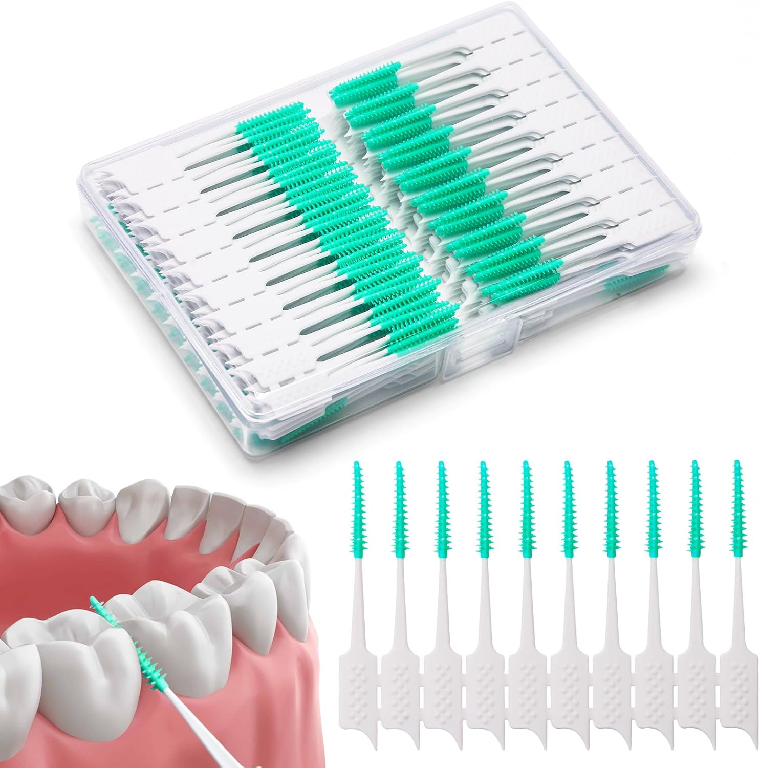 300 Pieces Interdental Brushes,Braces Brush with Silicone Head,Dental Tooth Flossing Toothpick Cleaners Tooth Tool, Green - Image 1