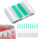 ACSKD 300 Pieces Interdental Brushes front view showing green silicone heads inside travel case