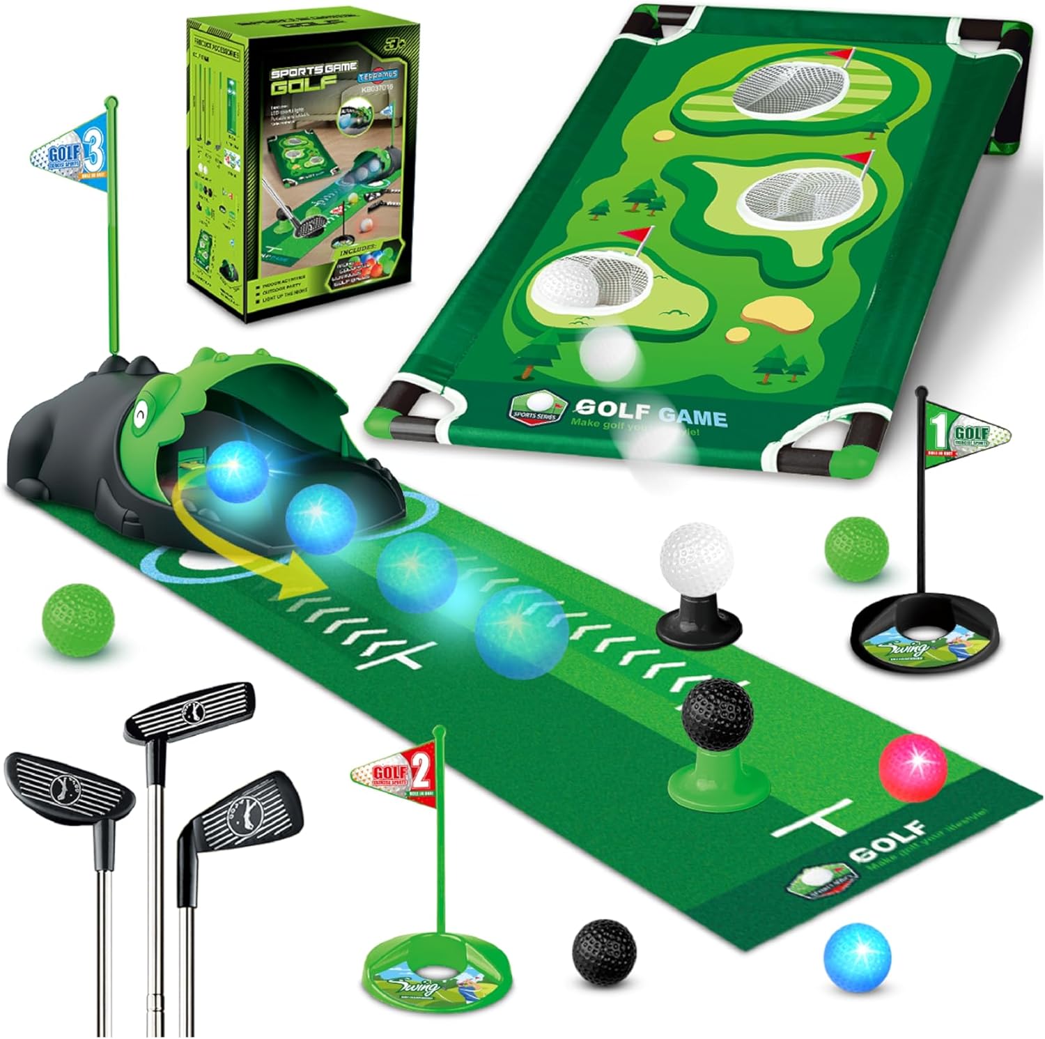 Terramus 3 in 1 Kids Golf Set with dinosaur returner and accessories.
