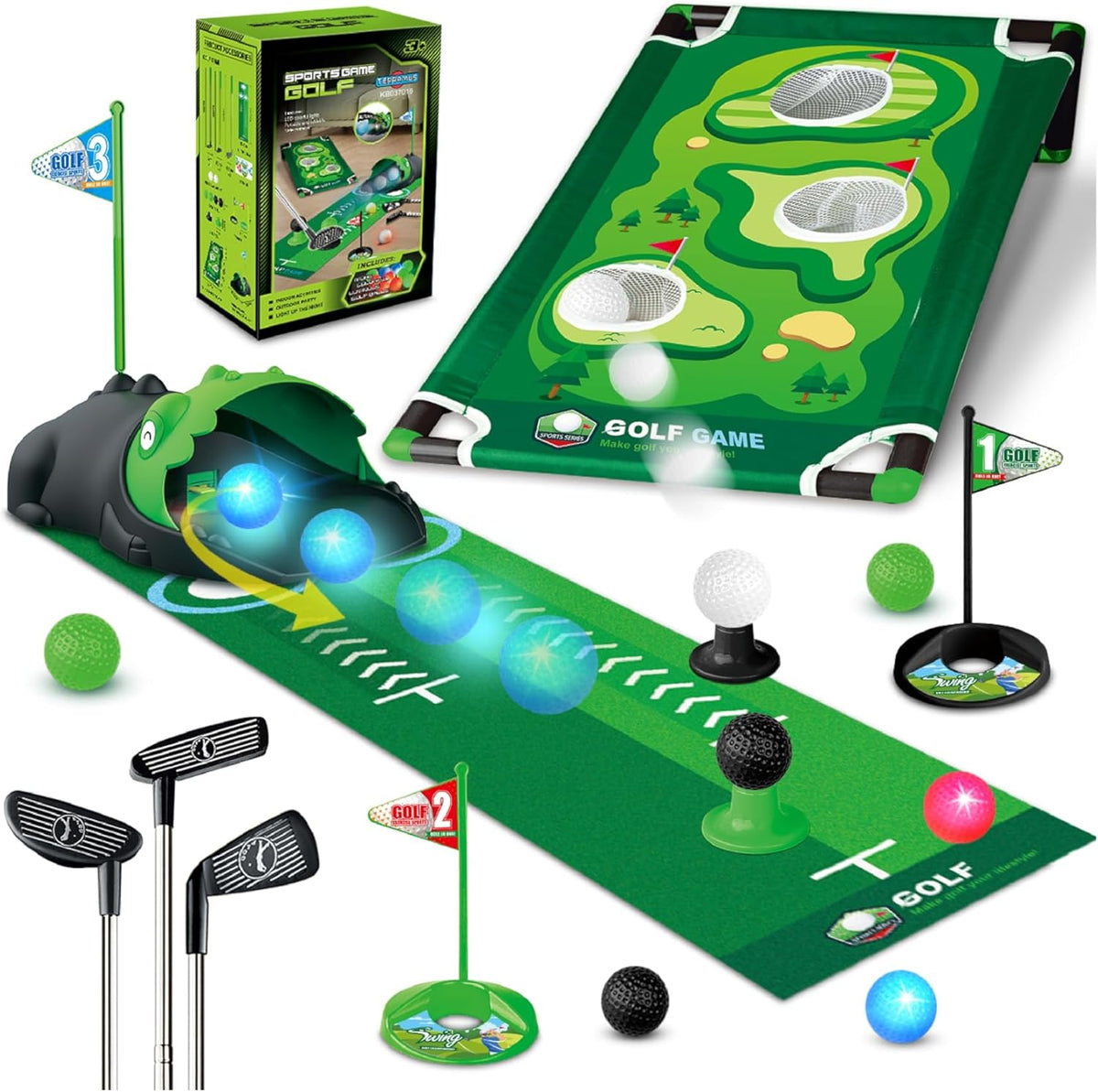 Terramus 3 in 1 Kids Golf Set with dinosaur returner and accessories.