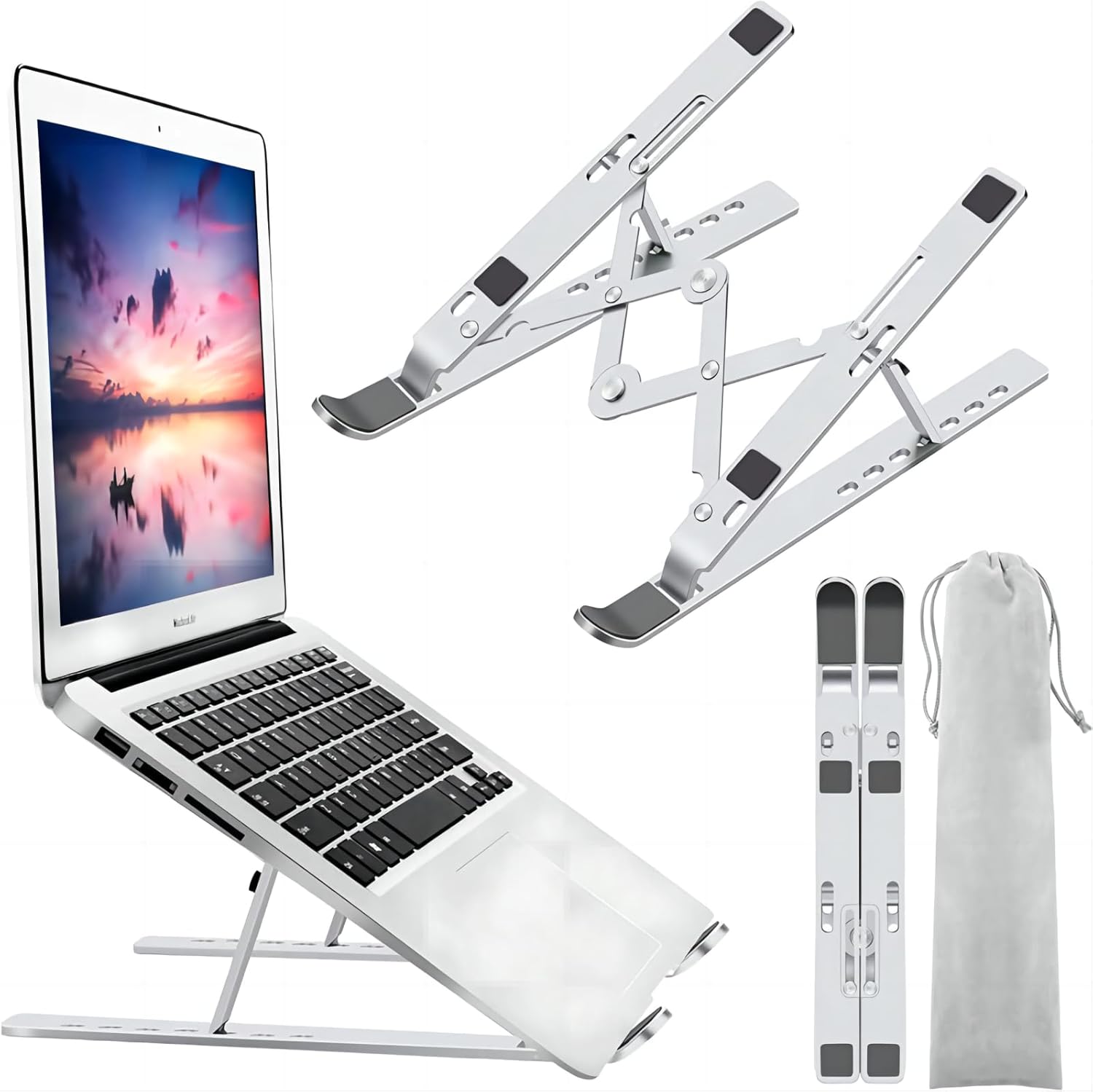 Leeboom ergonomic adjustable aluminum laptop stand silver front view on office desk