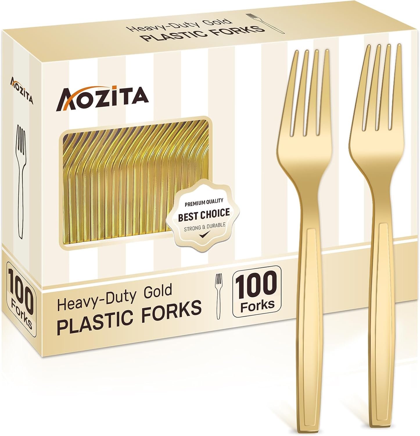 Aozita gold plastic forks premium disposable cutlery front view for party table setting