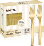 Aozita gold plastic forks premium disposable cutlery front view for party table setting