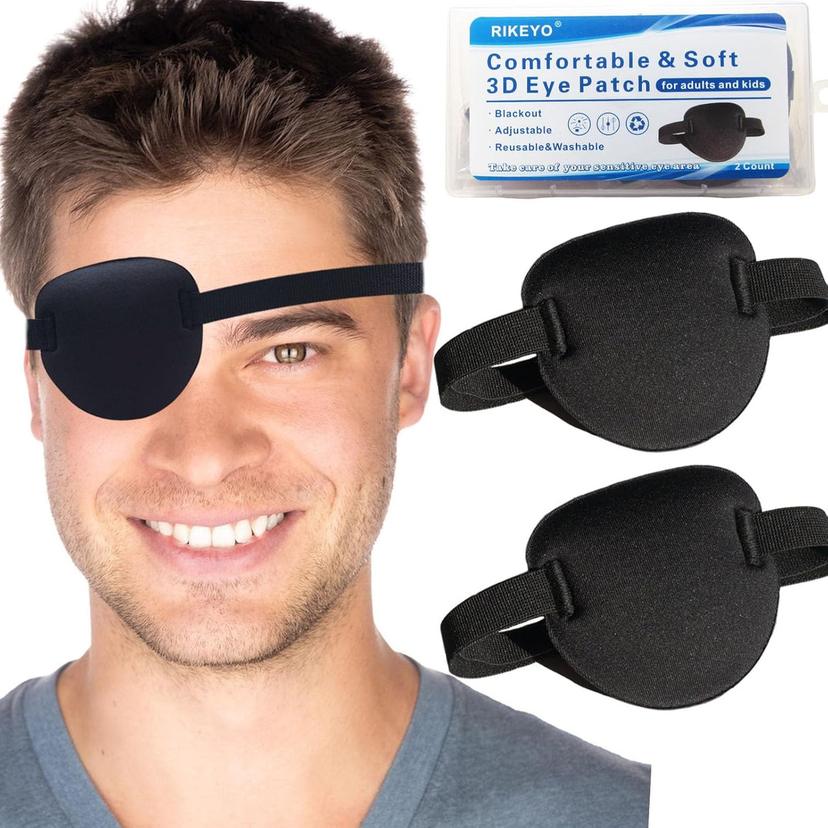 RIKEYO 3D adjustable eye patch front view showing contoured black design.