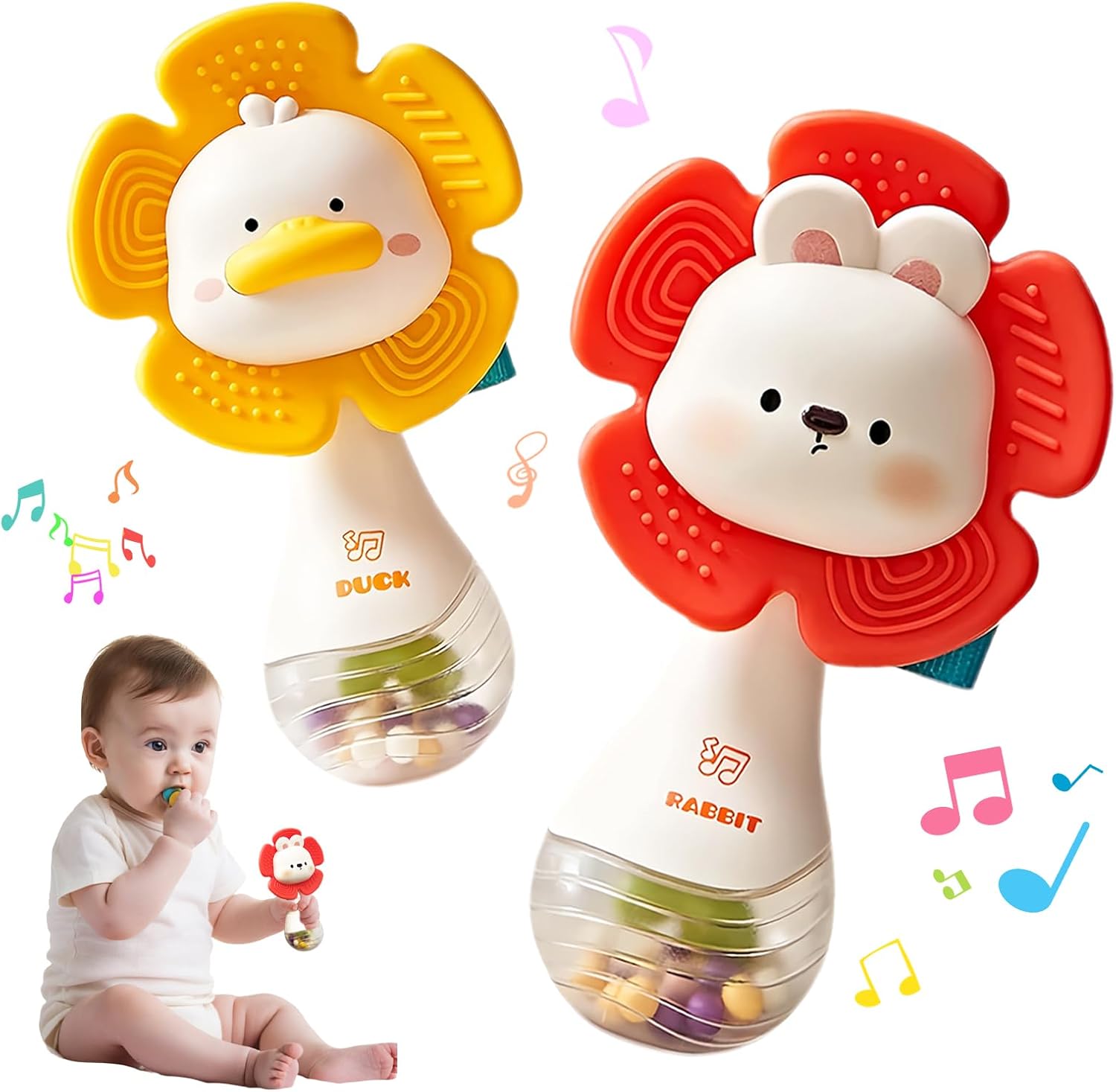 Weirtoya 2 pieces baby rattles teething toys front view showing yellow duck and bunny animal designs.