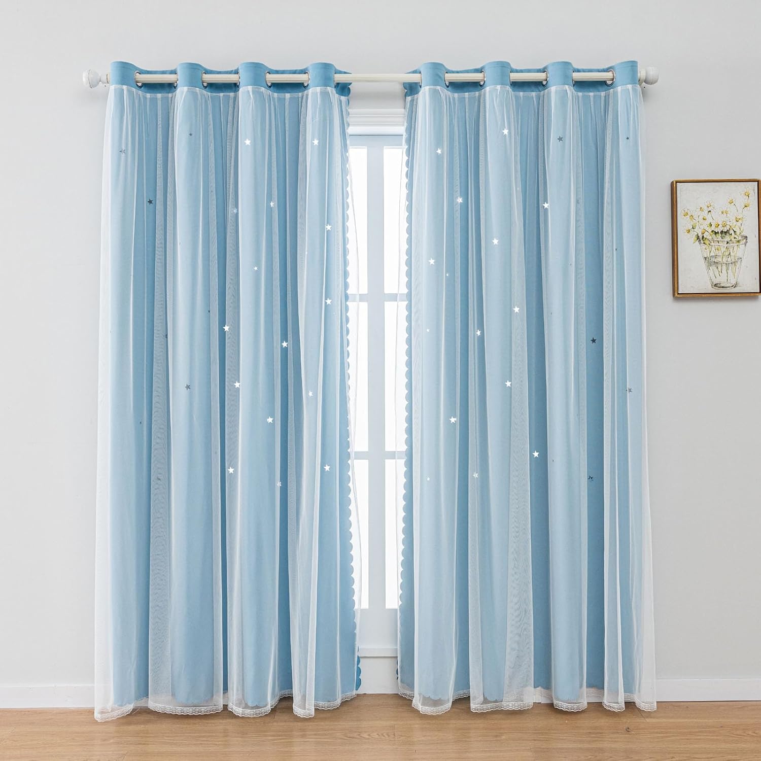 FANLI Star Blackout Curtains front view showing light blue panels with white tulle overlay