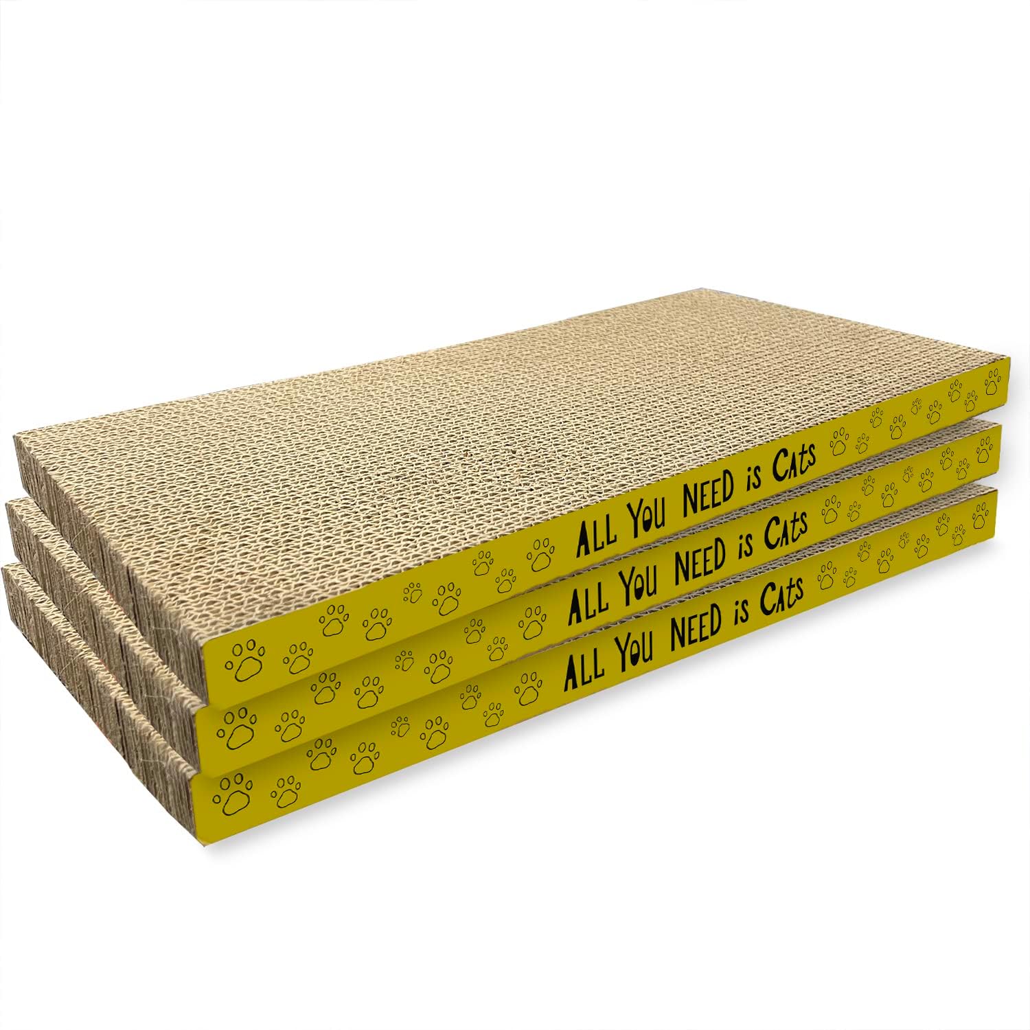 AccEncyc cardboard cat scratcher pads three pack front view on floor