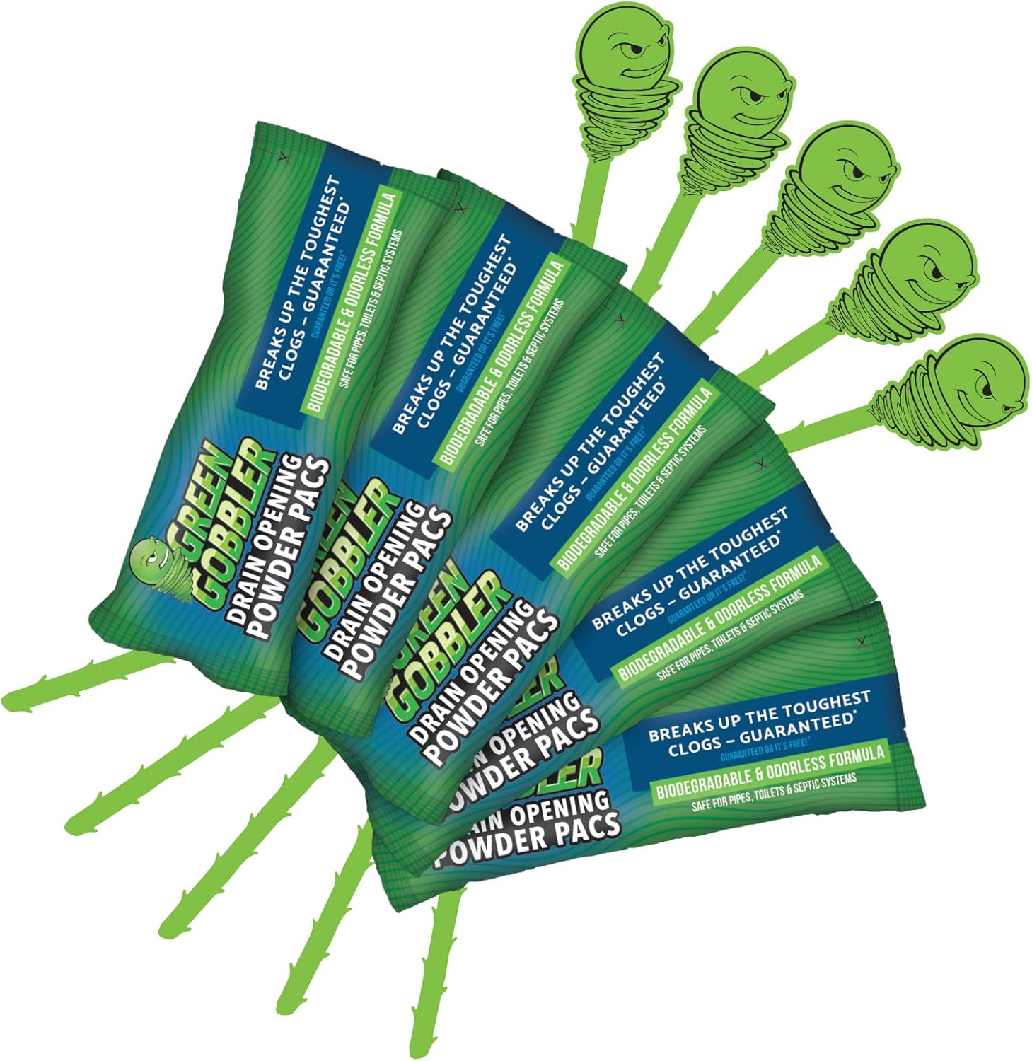 Green Gobbler Drain Clog Remover Powder 5 Pacs 5 Tools front view authentic USA imported drain cleaner.