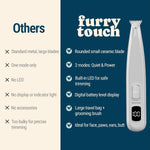 Furry Touch electric pet groomer shown with complete kit including travel bag grooming comb and cleaning brush.