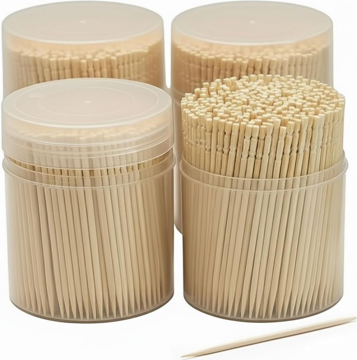 Comfy Package traditional bamboo toothpicks front view in clear plastic storage container