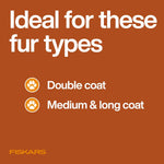 Orange and black Fiskars dematting rake for medium pets