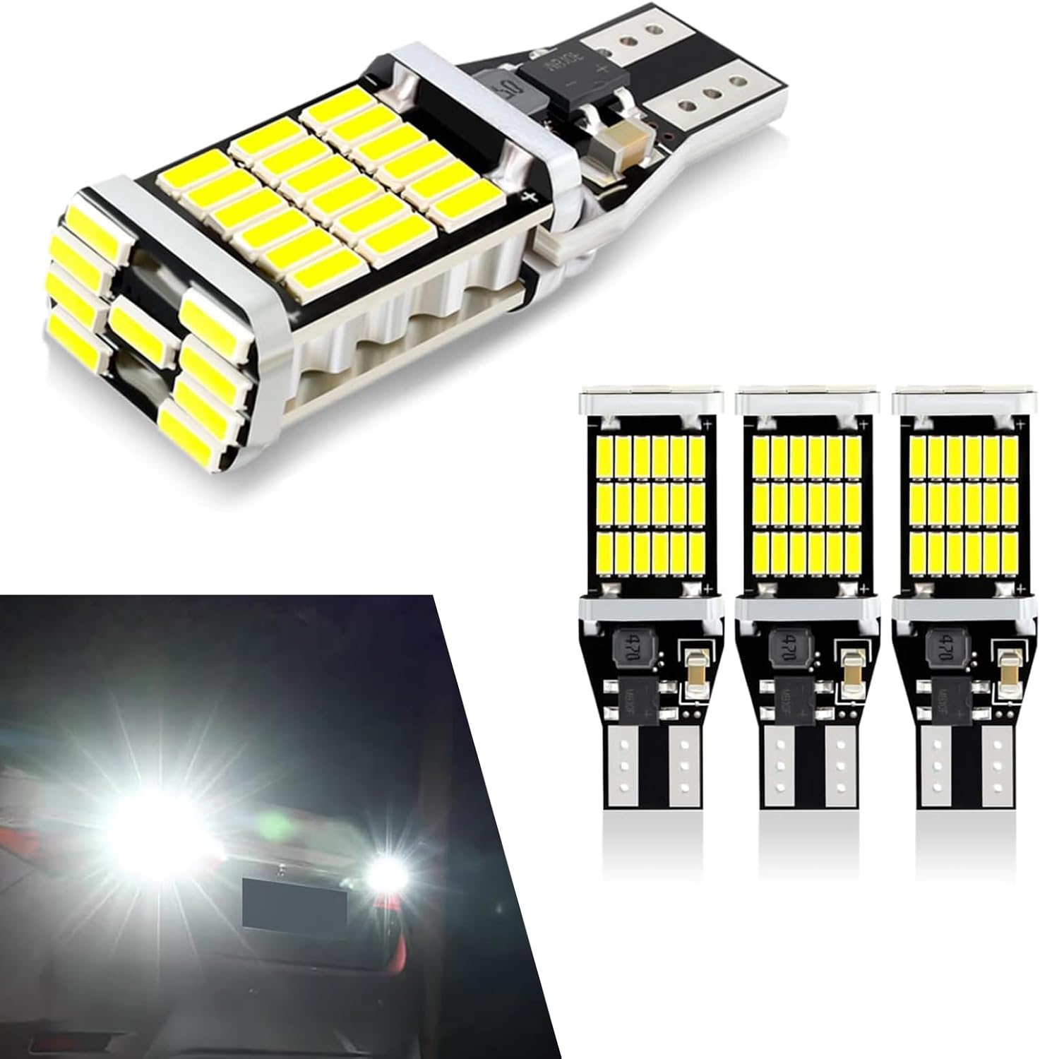 Sodcay T15 LED reverse light bulb kit showing four pieces with white chipsets.