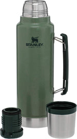 Stanley vacuum insulated stainless steel thermos flask with collapsible handle extended.