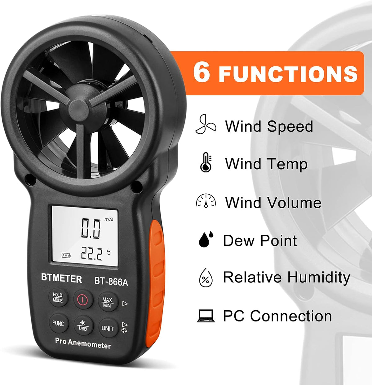 BTMeter handheld HVAC air flow meter angled side view with 8-vane sensor