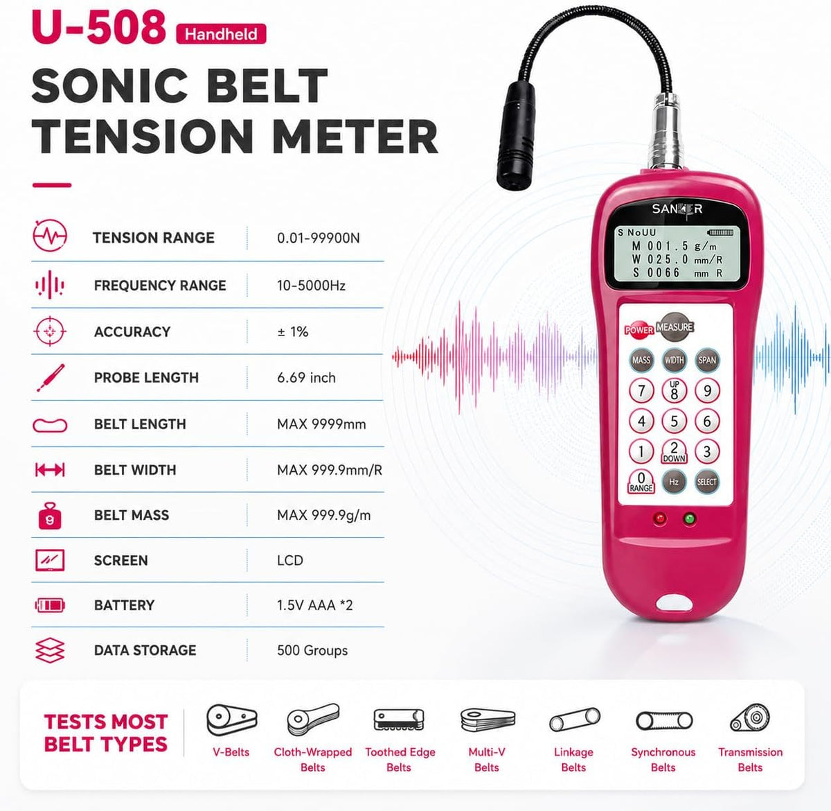 Sulmile sonic belt tension meter acoustic sensor measuring timing belt vibration